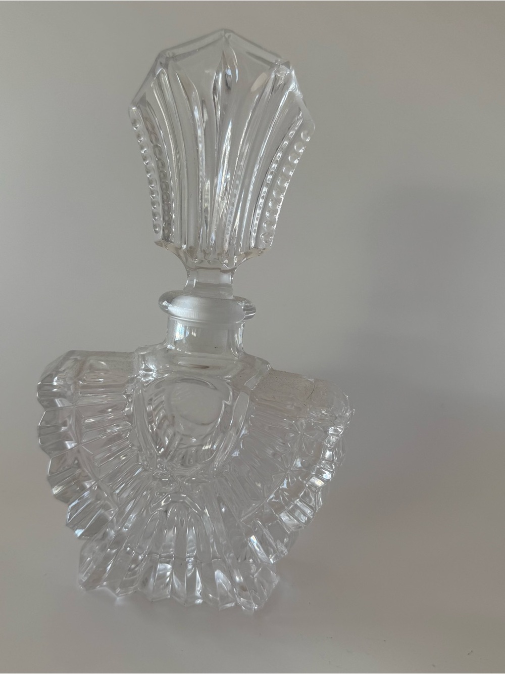 Vintage Art Deco Pressed Glass Clear Perfume Bottle With Fan Style Stopper - Picture 11 of 14